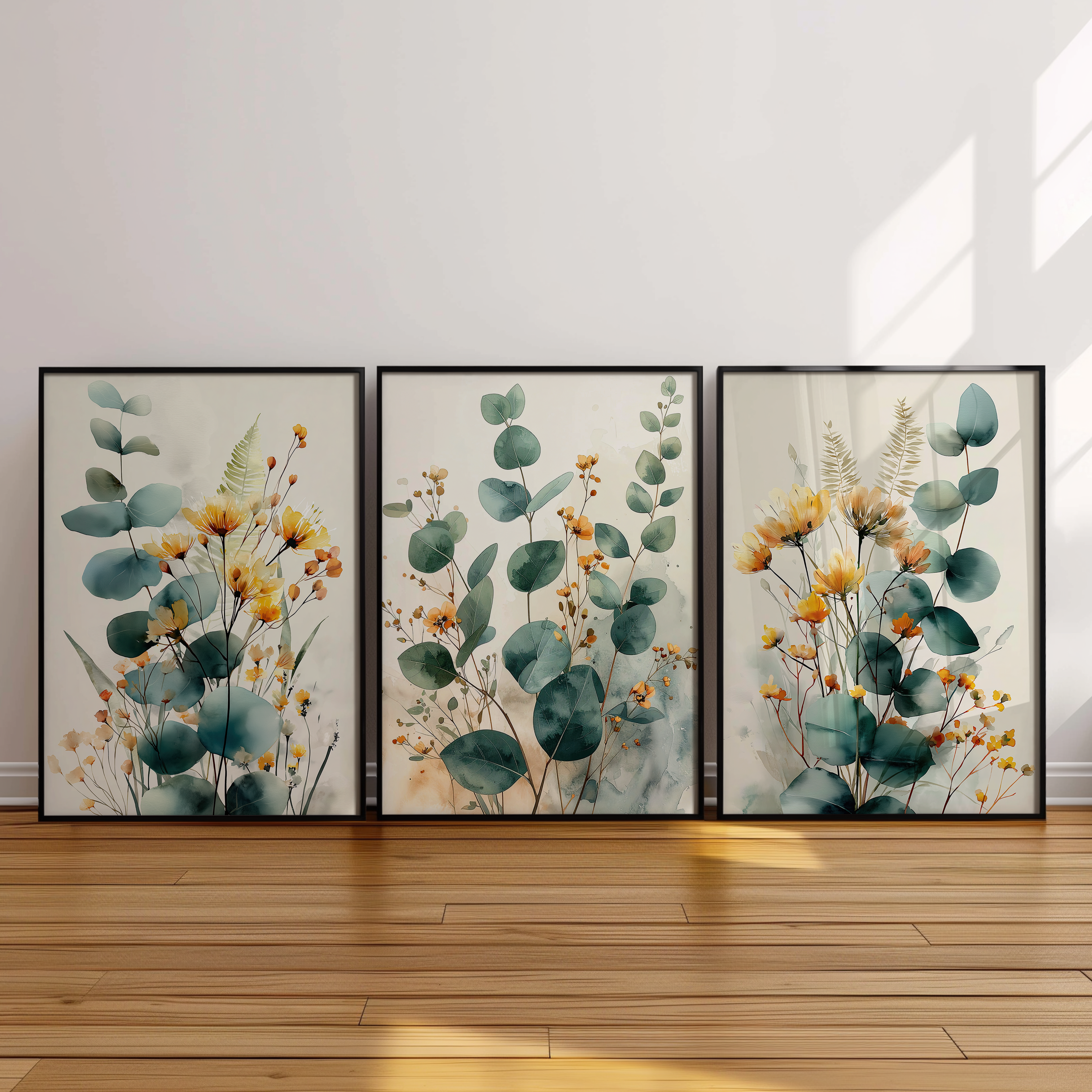 Set of 3 Eucalyptus & Wildflower Prints | Green Golden Botanical Wall Art
