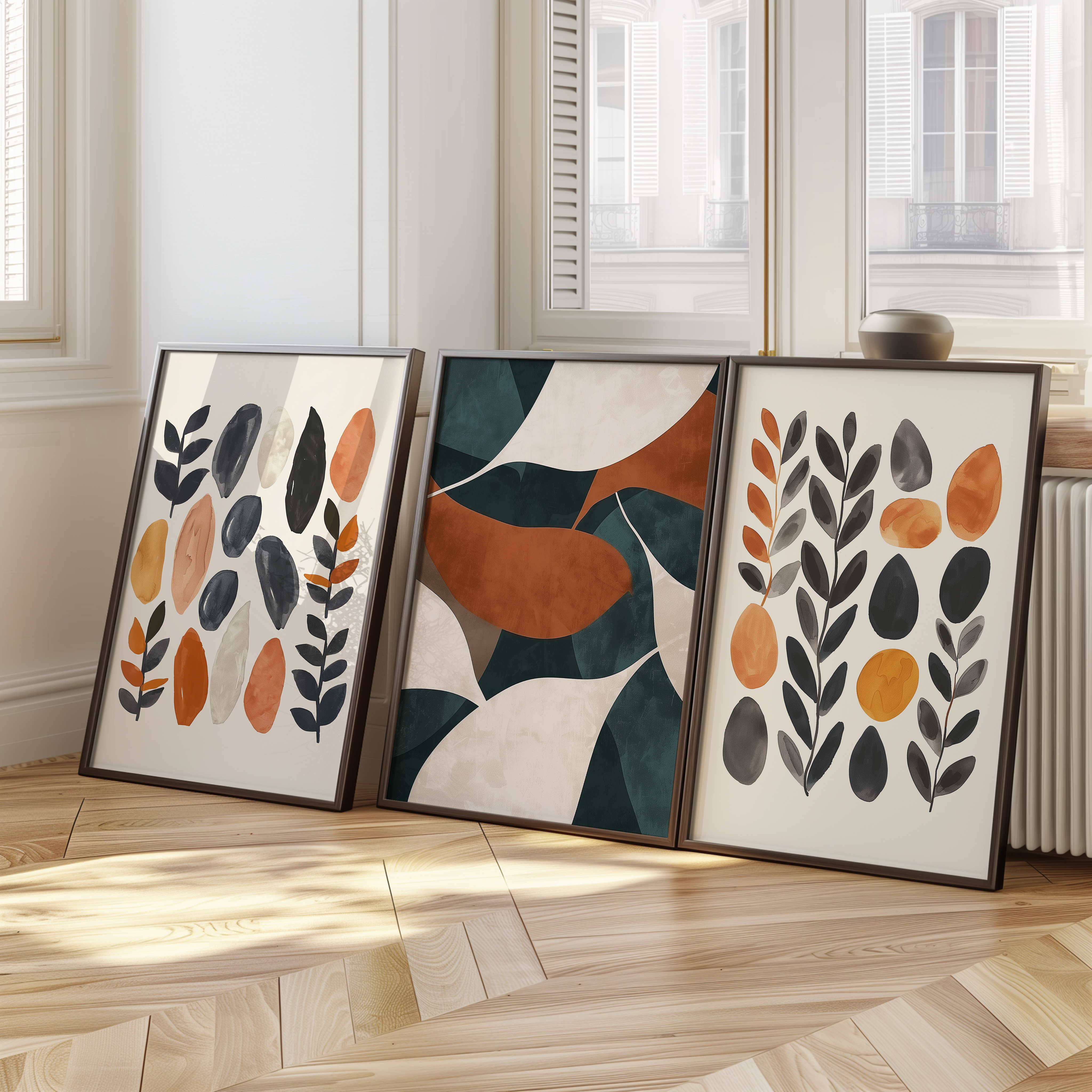 Set of 3 Abstract Botanical Prints | Terracotta Black Neutral Wall Art