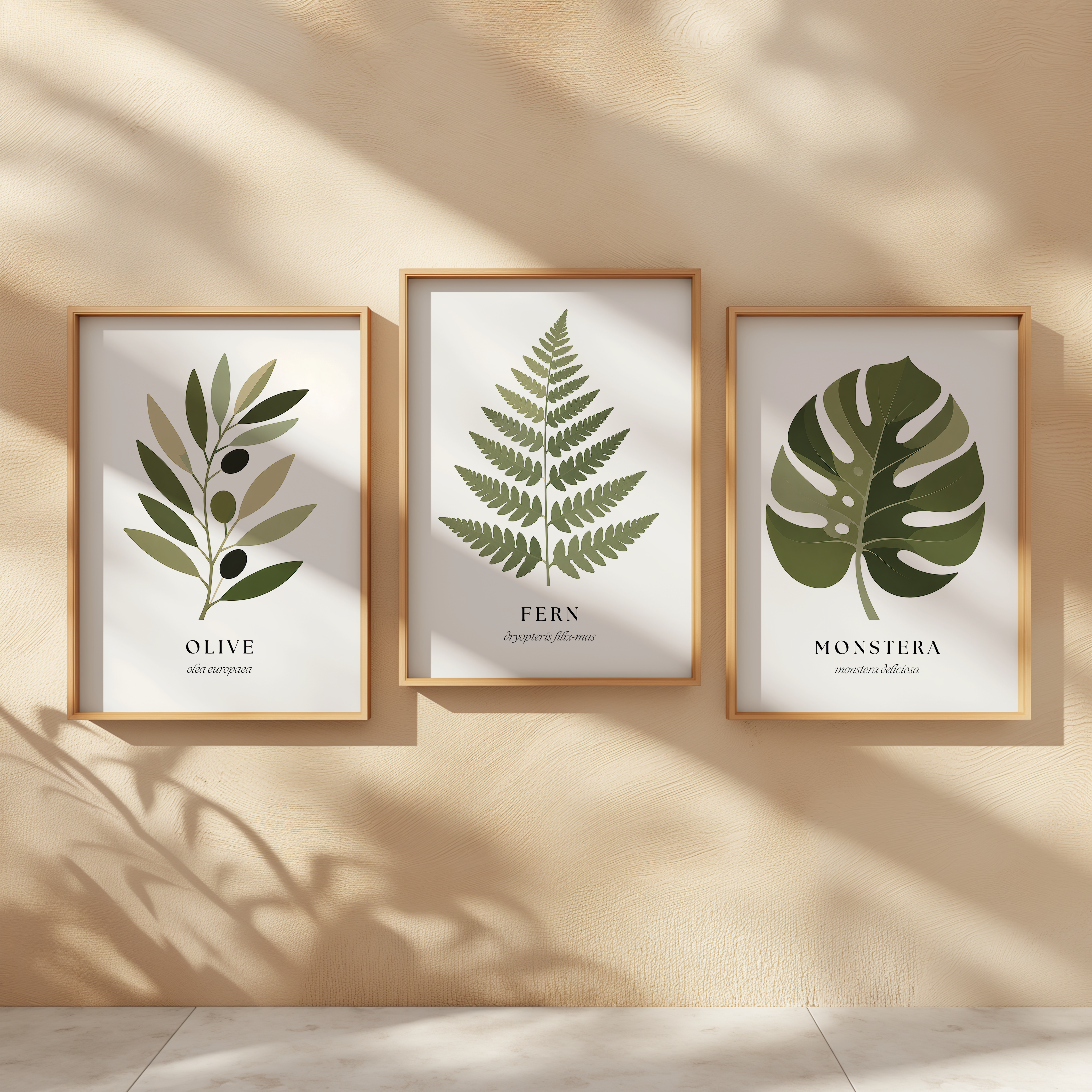 Set of 3 Botanical Leaf Prints | Scandinavian Green Neutral Wall Art