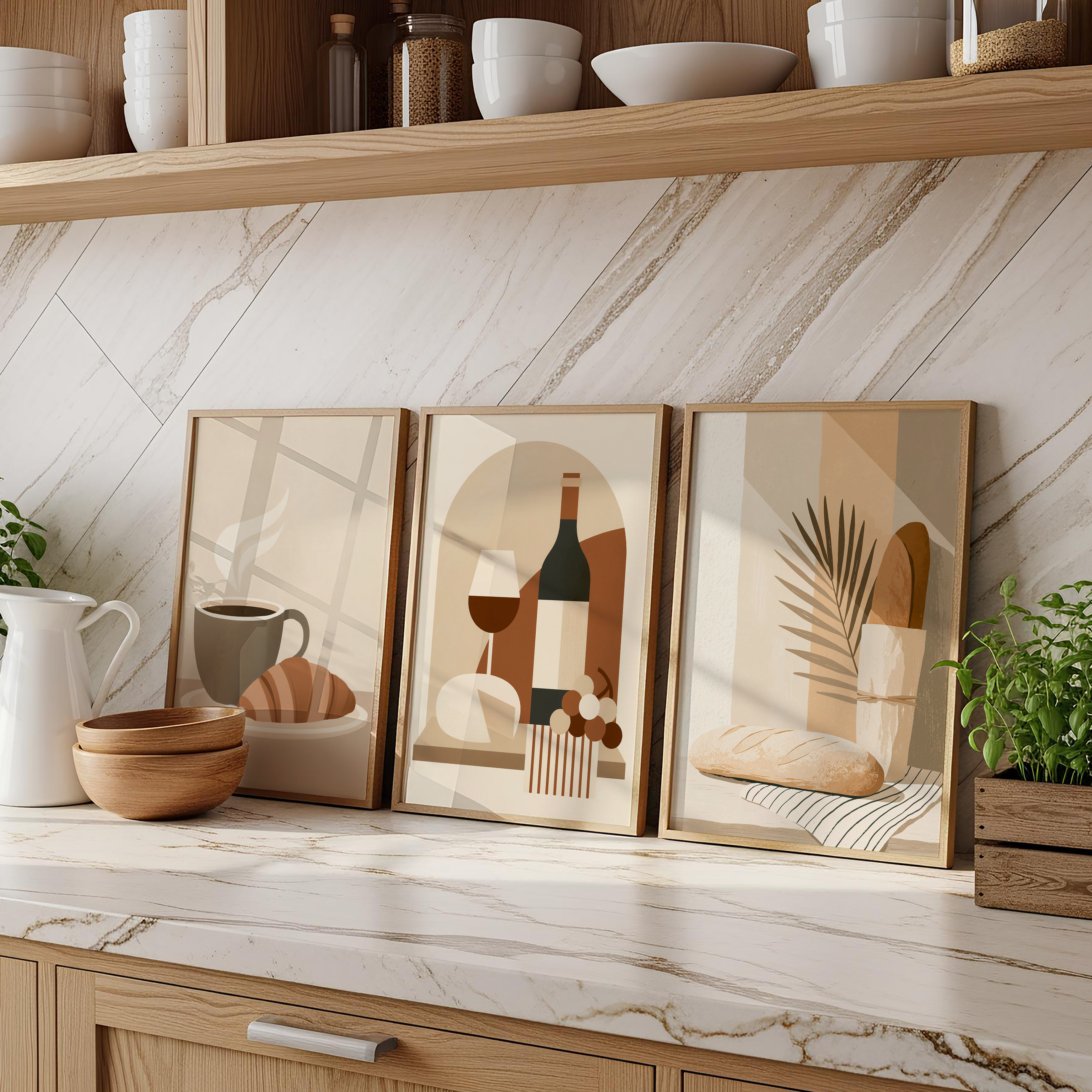 Set of 3 Coffee Wine & Bakery Prints | Café Kitchen Food Wall Art