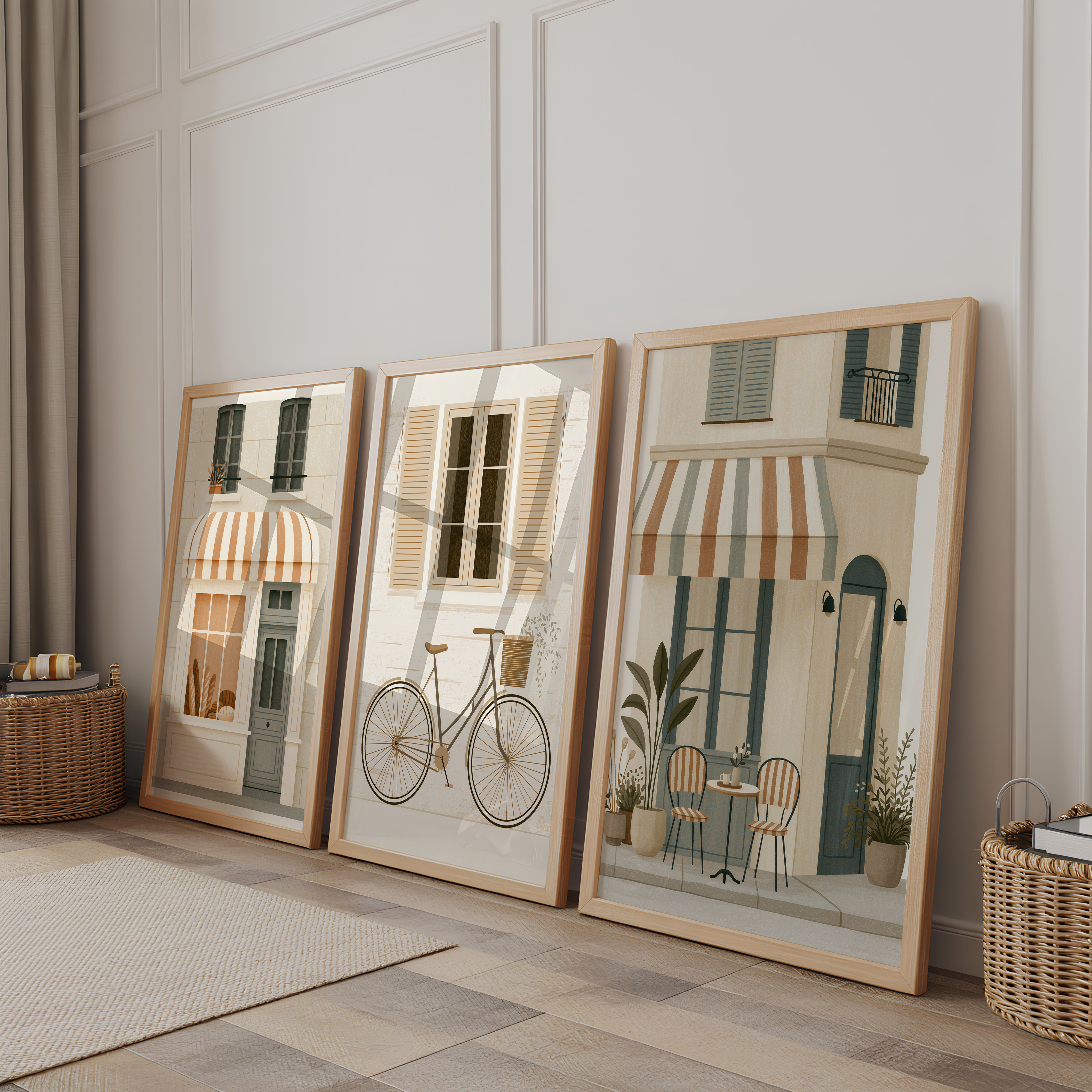 Set of 3 European Café & Street Prints | Bakery Bicycle Wall Art
