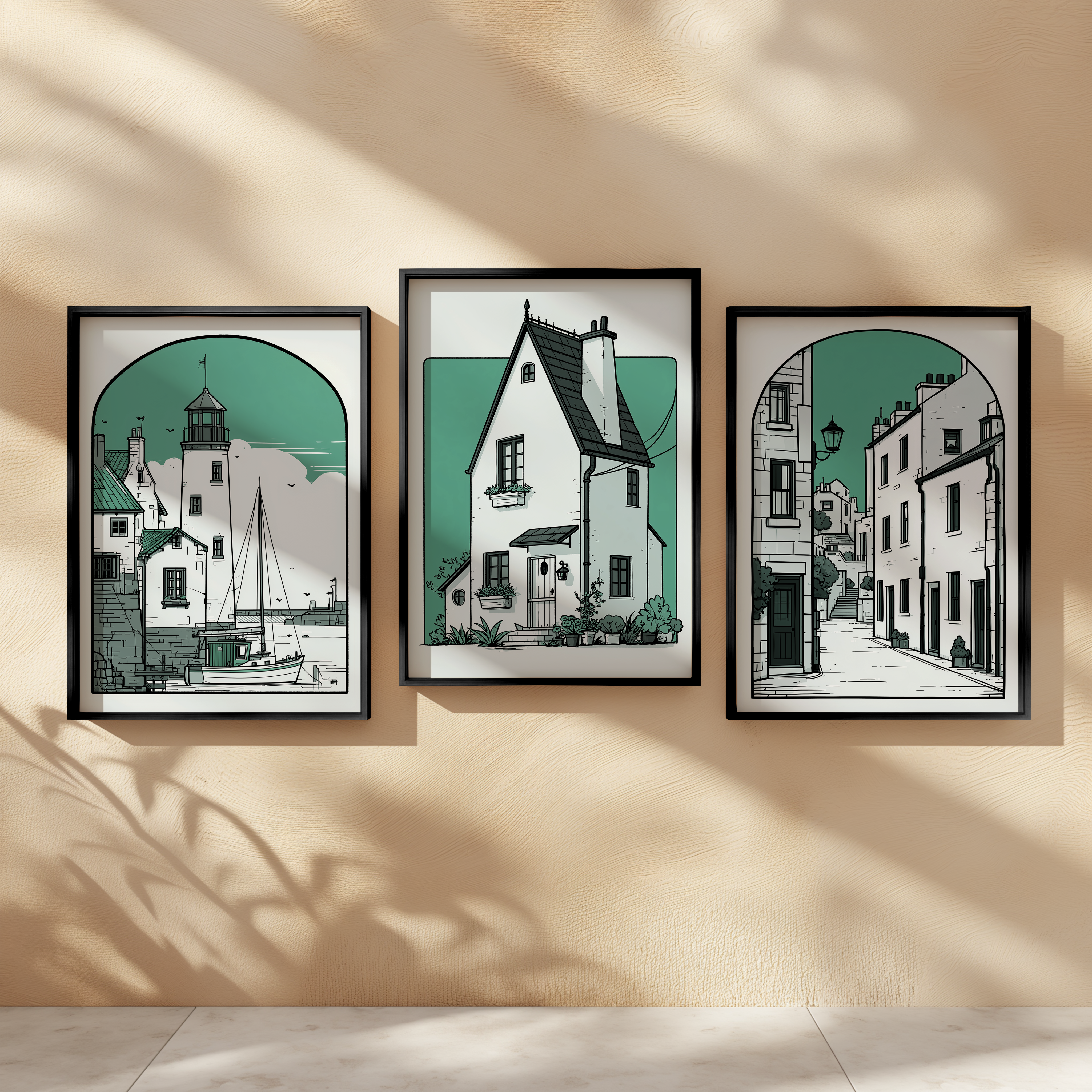 Set of 3 Coastal Town Illustration Prints | Seaside Sketch Wall Art