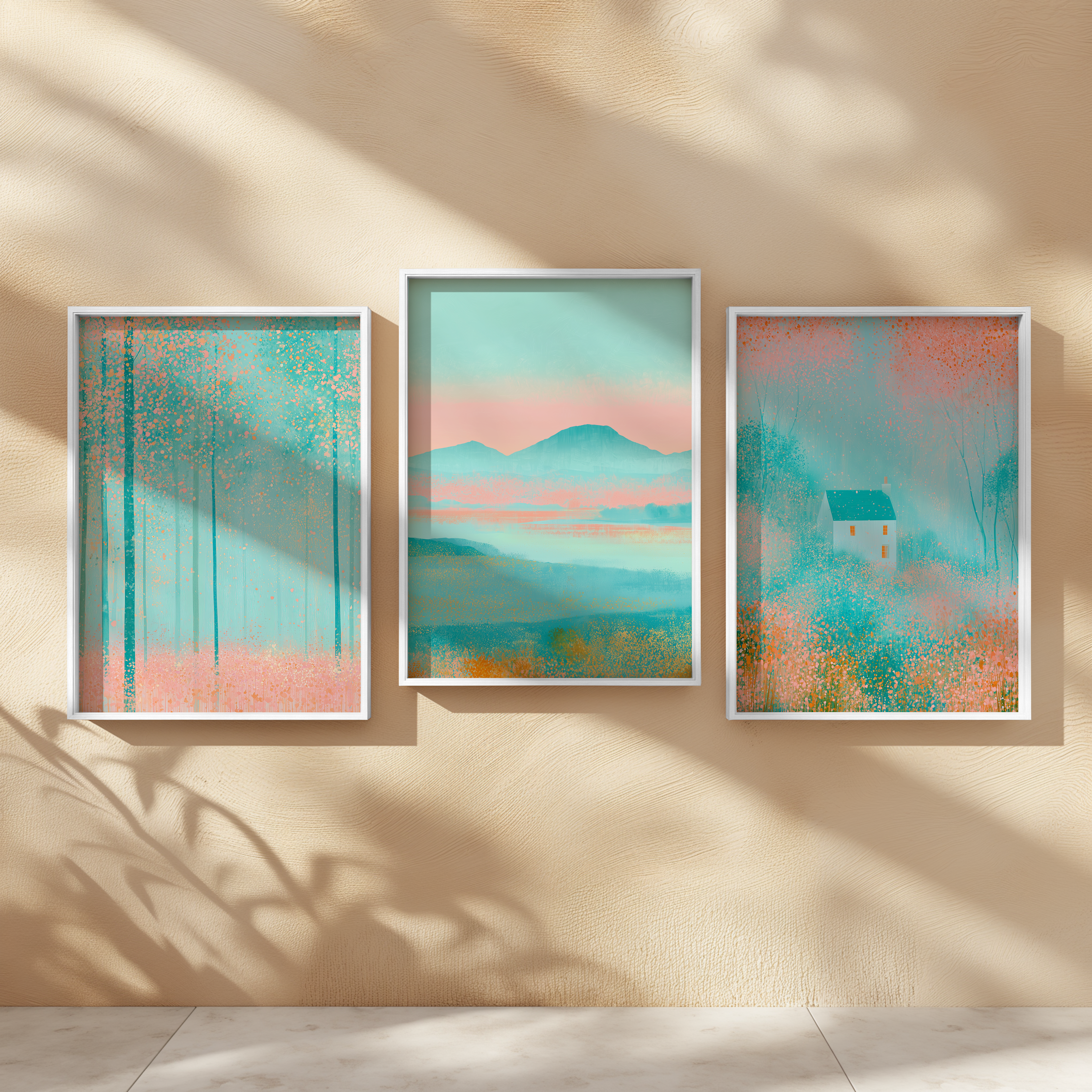Set of 3 Pink & Pastel Landscape Prints | Colourful Scenic Wall Art