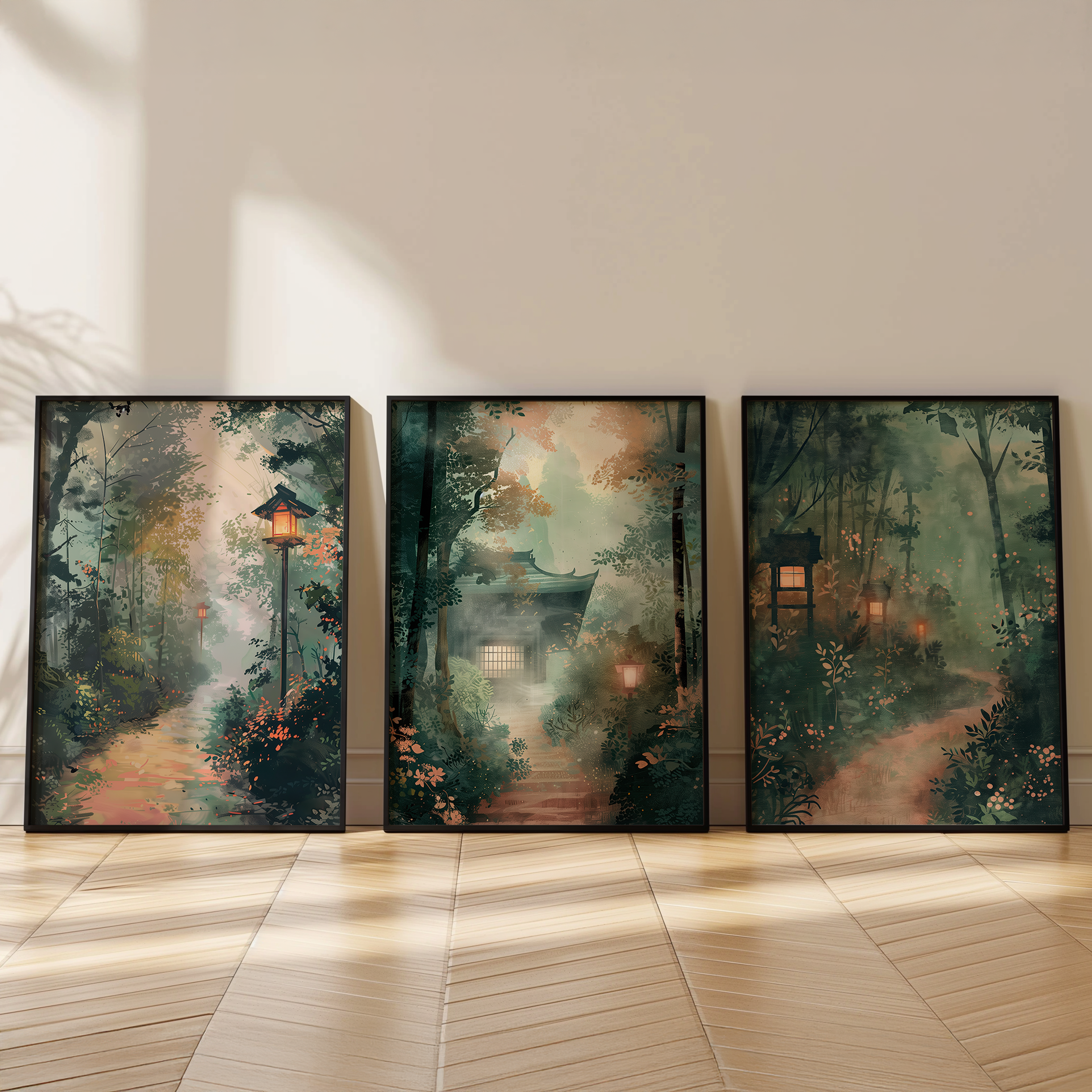 Set of 3 Japanese Forest Landscape Prints | Lantern Temple Wall Art