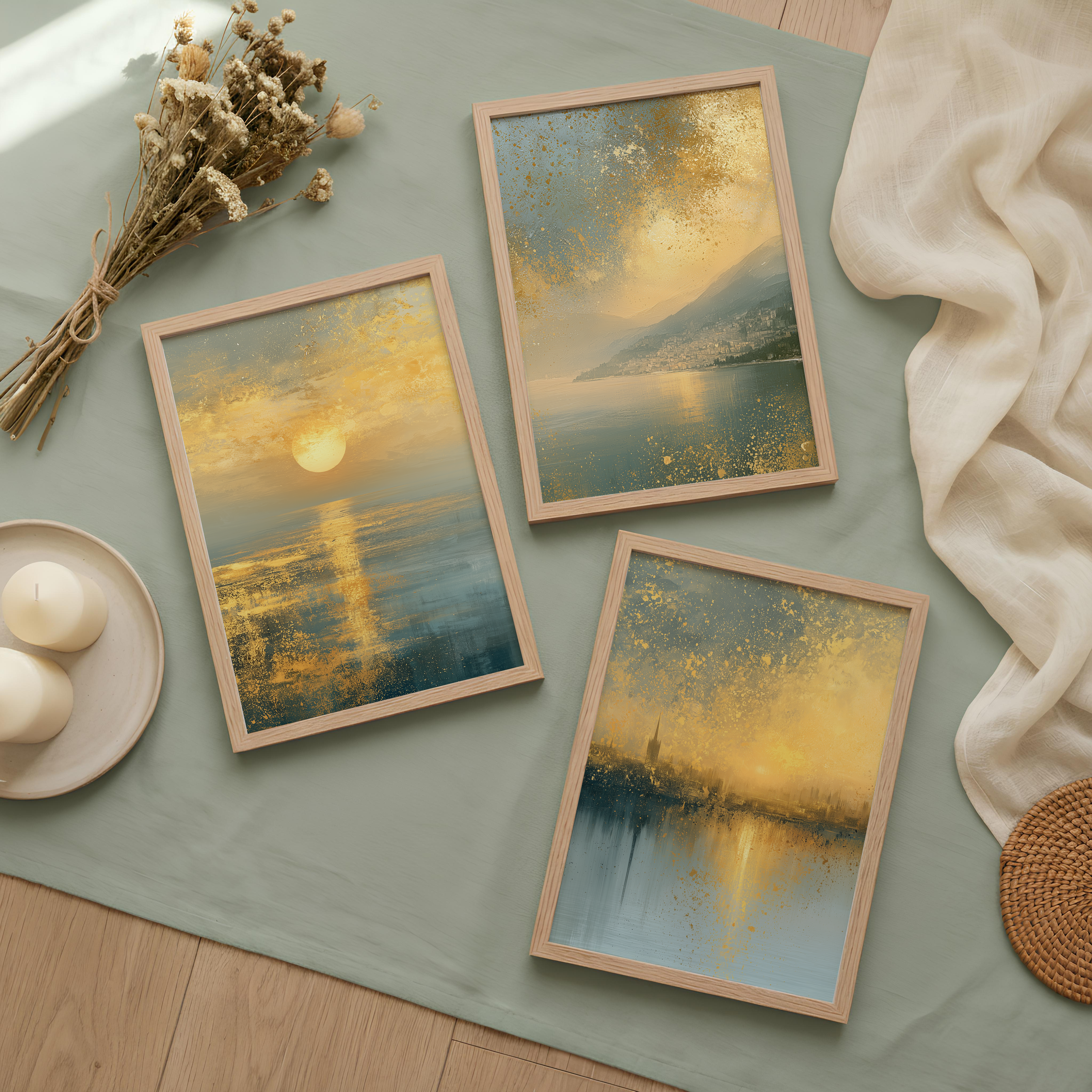 Set of 3 Golden Landscape Prints | Coastal Sunset Scenic Wall Art